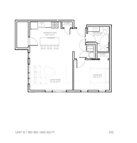 Floor plan for 1 bed, 1 bath, 665 sqft